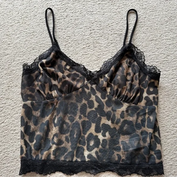 Forever 21 Leopard Animal Print Black Lace Trim V-Neck Cami Tank Top Camisole L - Picture 7 of 12